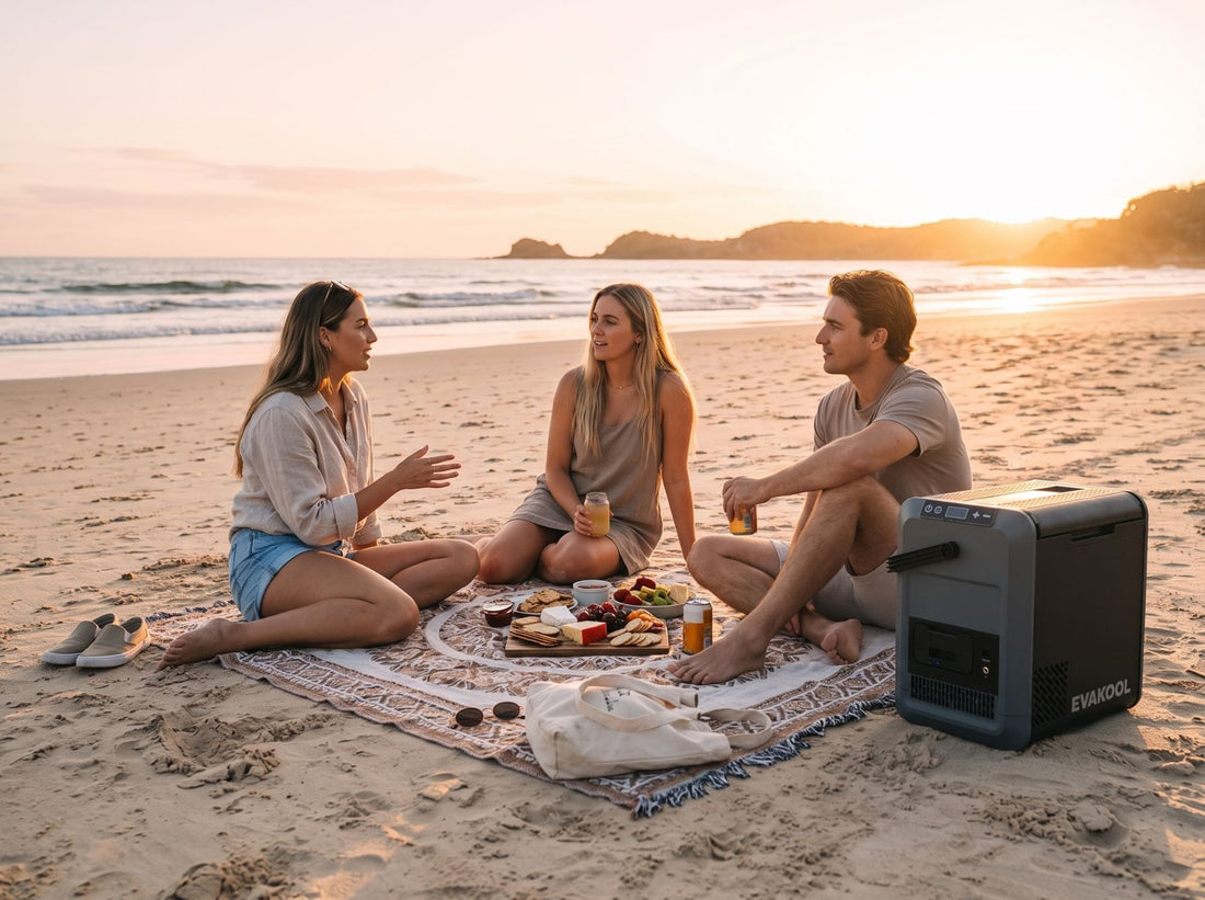 Friends at a beach picnic at sunset with an Adventure Series portable fridge